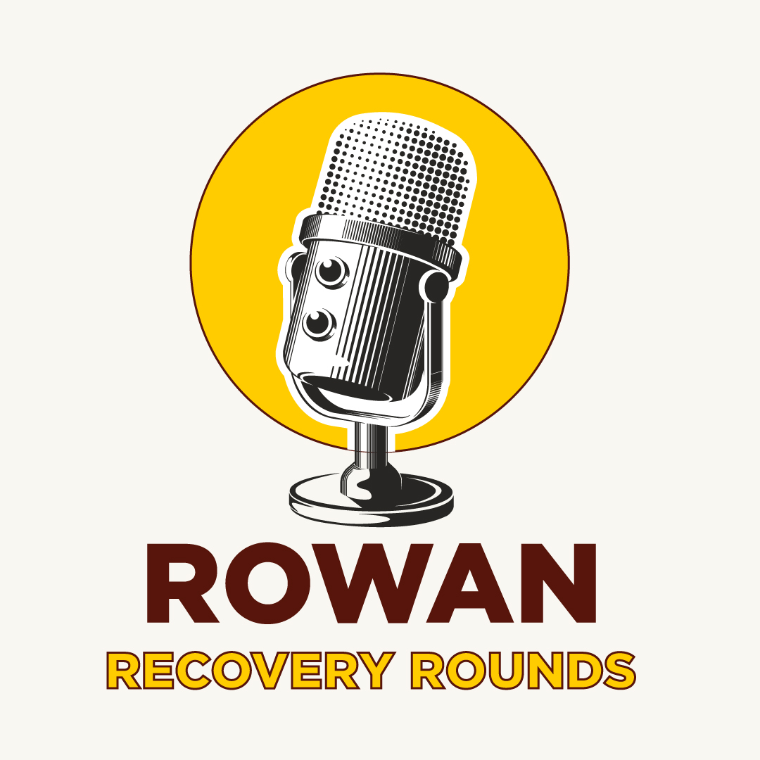 a graphic of an old table top microphone with a gold circle behind it and the words Rowan Recovery Rounds written below it