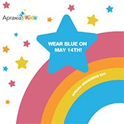 Rainbow with rainbow colored stars and a large blue star on a white background with white text Wear Blue on May 14th! Apraxia Awareness Day