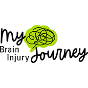 a green drawing of a brain with black squiggly lines inside and the words My Brain Injury Journey are written next to it