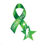 A green looped ribbon has a star on one end, the words Cerebral Palsy written on it, and a white cutout of a child reaching for a star