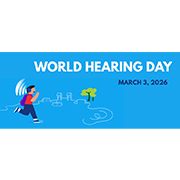 A graphic of a person wearing a backpack and headphones running through a park and the title World Hearing Day March 3, 2026