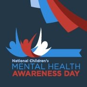 Stylized drawings of blue, white, and red people with their arms raised with blue and red text on a navy background National Children's Mental Health Awareness Day