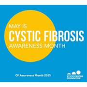 Yellow circle on a blue background with white text May is Cystic Fibrosis Awareness Month