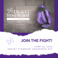 Purple boxing gloves with purple text Join the Fight Dravet Awareness Day on a white background