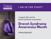 Hands holding purple awareness ribbon with purple text "Dravet Awareness Month"