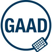 Drawing of a blue keyboard with a blue circle surrounding blue text on a white background GAAD