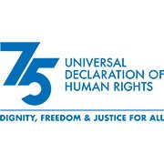 Blue text on a white background 75 Universal Declaration of Human Rights Dignity Freedom and Justice for All