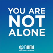 White text one a green and blue ombre background You are not alone NAMI