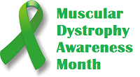 Green awareness ribbon on a white background with green text "Muscular Dystrophy Awareness Month"