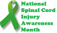 Green ribbon and green text on a white background "National Spinal Injury Awareness Month"