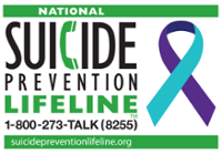 Green and black text on a white background with a light blue and dark blue awareness ribbon saying "National Suicide Prevention Lifeline  1-800-273-TALK"