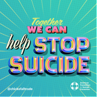 Multicolor text on a teal background "Together we can help stop suicide"