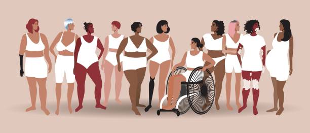 Drawing of women with a variety of body types skin tones and disabilities on a pink background