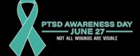 Green ribbon with green text PTSD Awareness Day on a black background