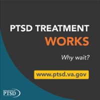 White text "PTSD Treatment works Why Wait?" on a brown and blue background