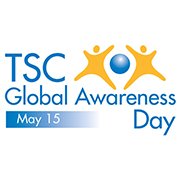 Drawing of gold colored stylized people surrounding a blue circle with blue text on a white background TSC Global Awareness Day May 15