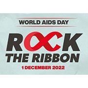 Black text on a grey background with a red awareness ribbon World AIDS Day Rock the Ribbon 1 December 2022