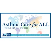 Blue text on a pastel rainbow world map background Asthma Care for All World Asthma Day 2023