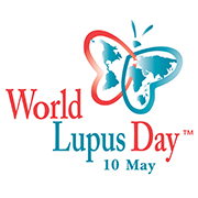 Red and blue butterfly with red and blue text on a white background World Lupus Day 10 May